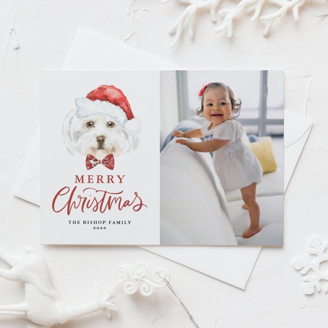 Cute Watercolor Santa Maltese Dog Photo Christmas Holiday Postcard (Creator Uploaded)