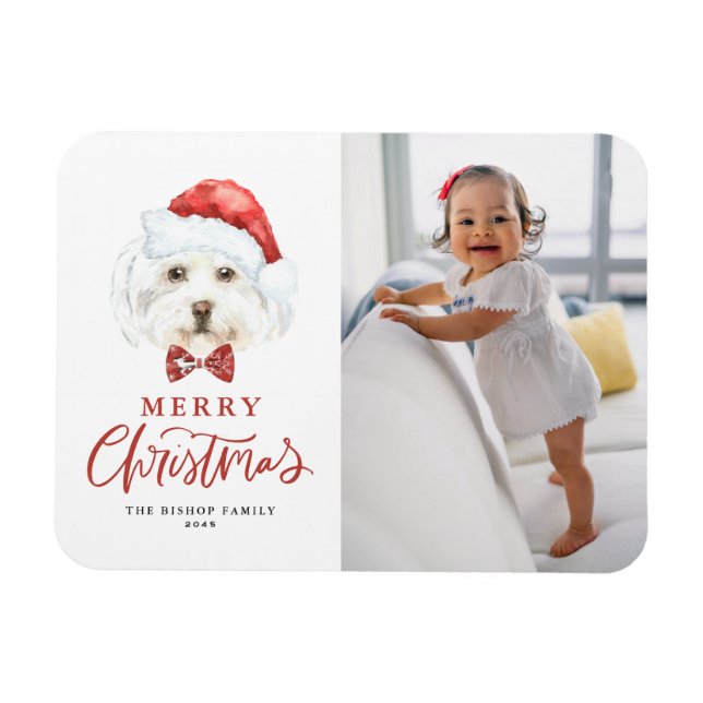 Cute Watercolor Santa Maltese Dog Photo Christmas Magnet (Horizontal)