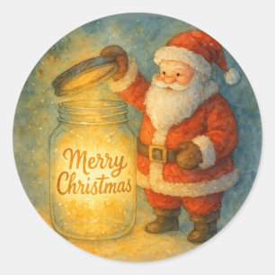 Cute Watercolor Santa Merry Christmas Glowing Jar Classic Round Sticker