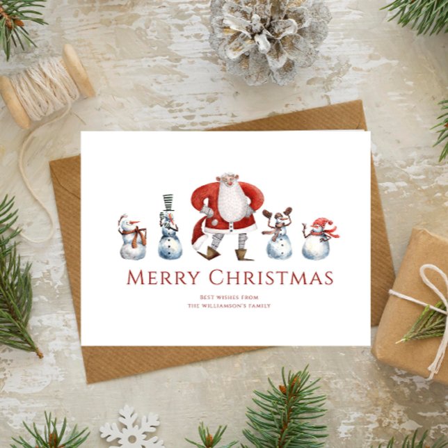 Cute watercolor santa  & snowmen christmas  holiday card (santa and friends fun christmas card , in white with red text.)