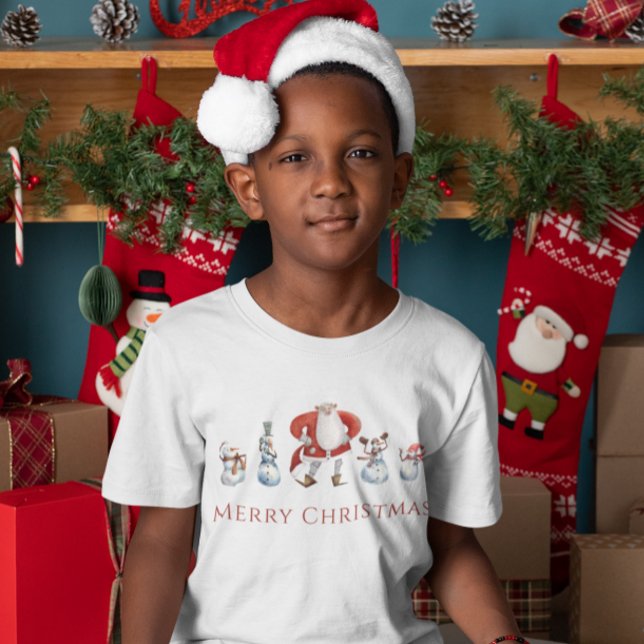 Cute watercolor santa  & snowmen christmas  T-Shirt (fun childrens santer and friends t-shirt )