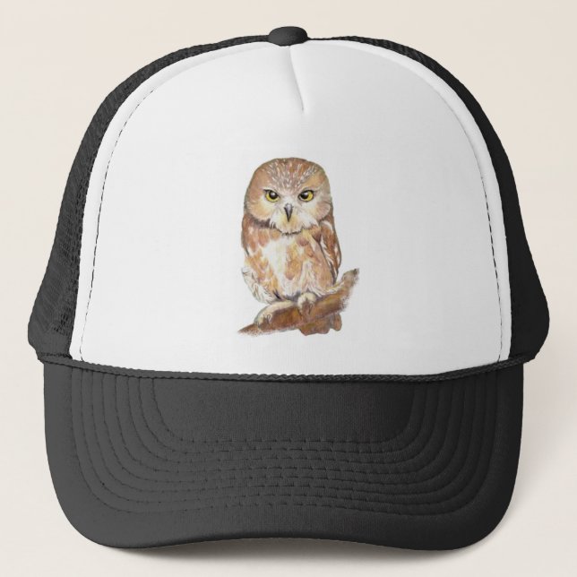 Cute Watercolor Saw Whet Owl, Bird, Animal Trucker Hat (Front)