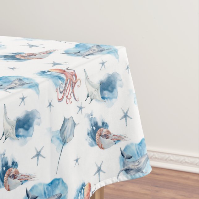 Cute Watercolor Sea Animals Tablecloth (In Situ)