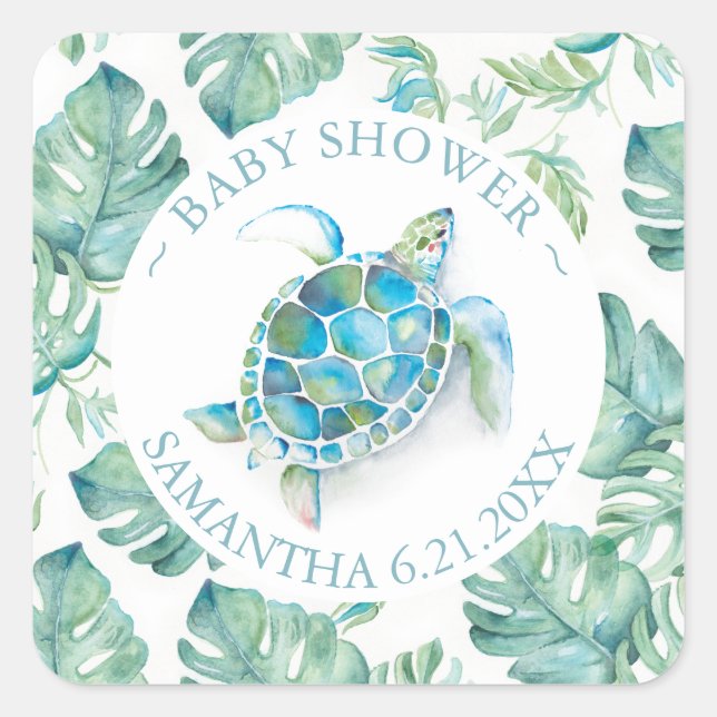 Cute Watercolor Sea Turtle & Greenery Favour Square Sticker (Front)
