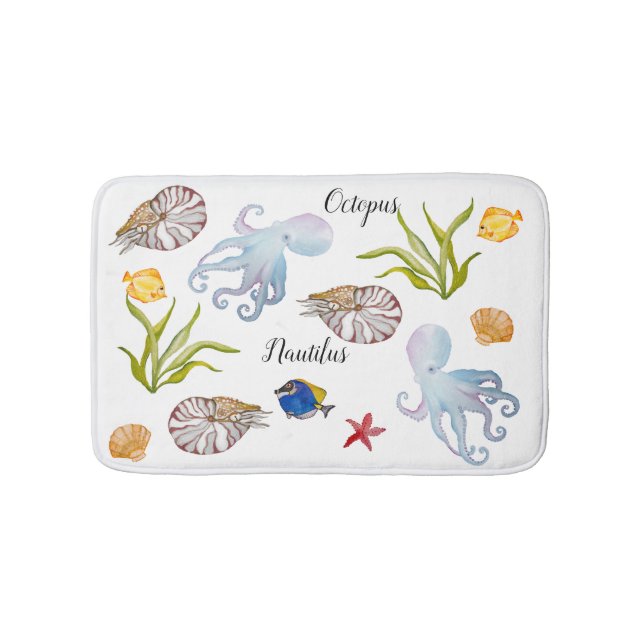 Cute watercolor seabed inhabitants bath mat (Front)