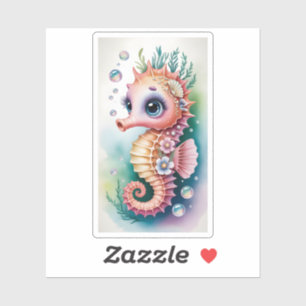 Cute Watercolor Seahorse Big Eyes Sea Coral Bubble