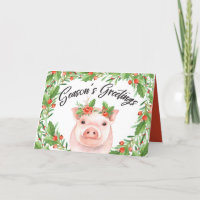Cute Watercolor Season's Greetings Pig and Berries