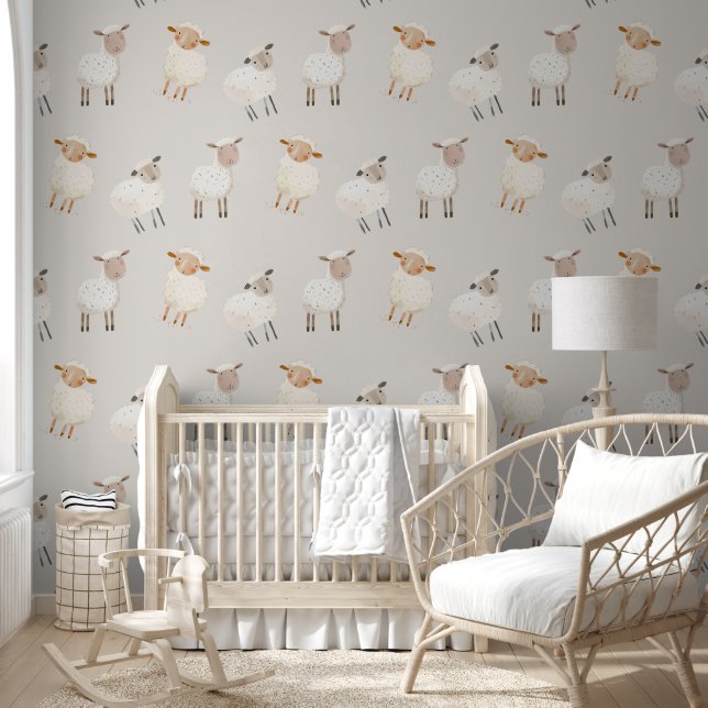 Cute Watercolor Sheep Boho Neutral Nursery Wallpaper (Kids)