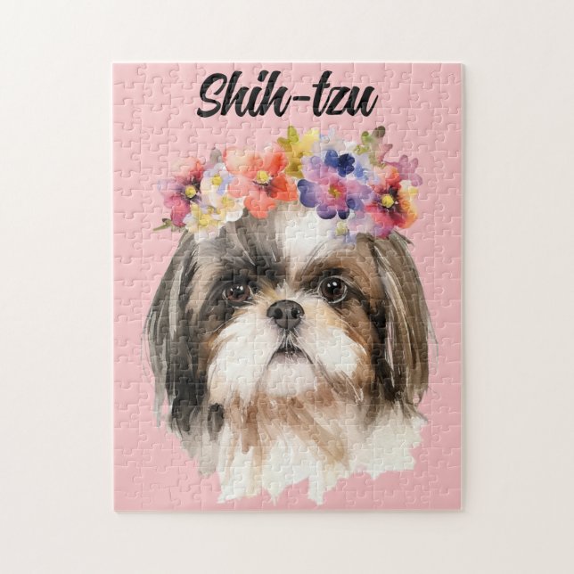 Cute Watercolor Shih-tzu Dog/Flowers Jigsaw Puzzle (Vertical)