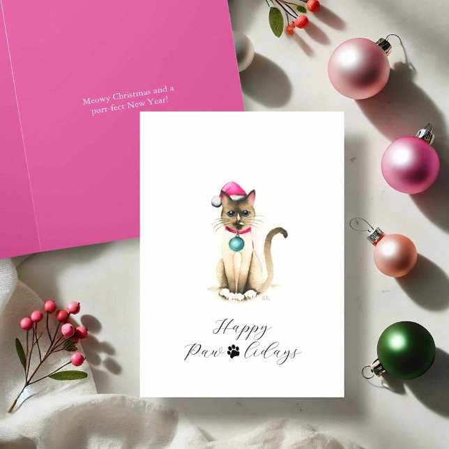 Cute Watercolor Siamese Cat Christmas Cards (Siamese cat Christmas cards with cute Merry Christmas wishes art and design by Victoria Grigaliunas)