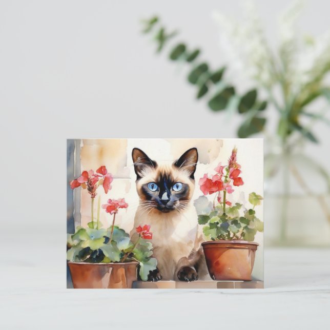 Cute Watercolor Siamese Cat Red Geranium Flowers Postcard (Standing Front)