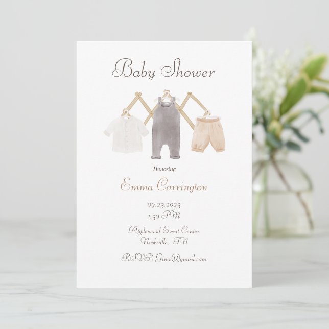 Cute Watercolor Simple Baby Clothes Baby Shower Invitation (Standing Front)