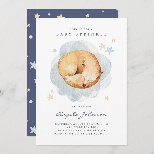 Cute Watercolor Sleeping Baby Fox Baby Sprinkle Invitation (Front/Back)