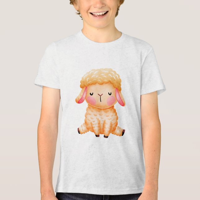 Cute Watercolor Sleeping Baby Lamb Illustration Tri-Blend Shirt (Front)