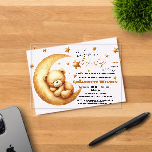 Cute Watercolor Sleeping Bear On Moon Baby Shower Acrylic Invitations