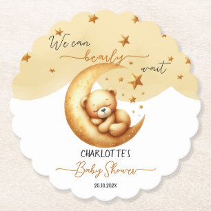 Cute Watercolor Sleeping Bear On Moon Baby Shower Paper Coaster