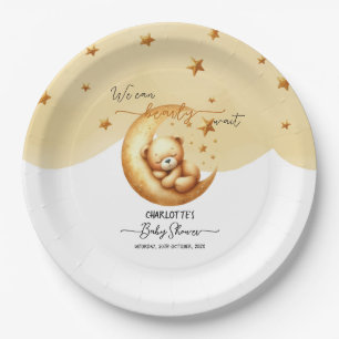 Cute Watercolor Sleeping Bear On Moon Baby Shower Paper Plate
