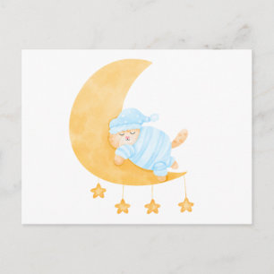 Cute Watercolor Sleeping Cat on Crescent Moon Postcard