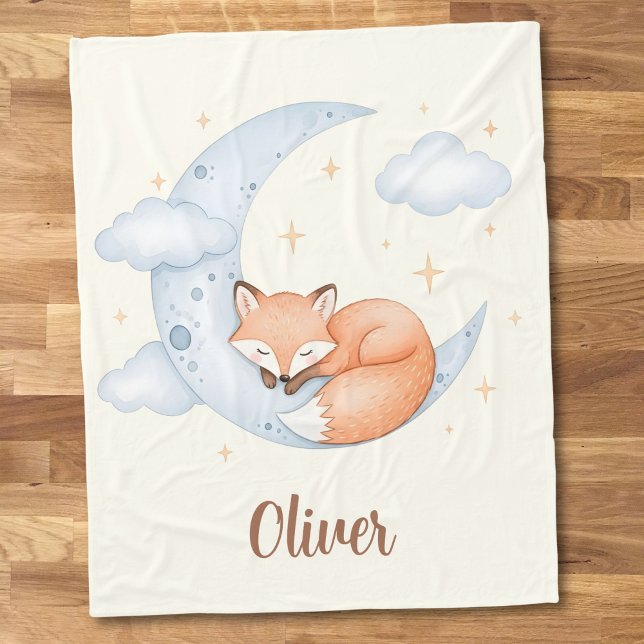 Cute Watercolor Sleeping Fox on Moon Fleece Blanket (Creator Uploaded)