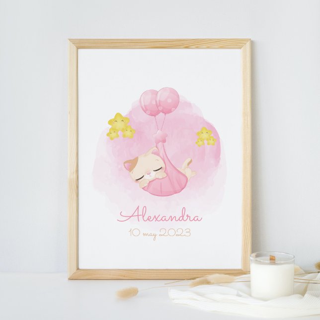 Cute Watercolor Sleeping Kitten Pink Nursery Art Poster (Creator Uploaded)