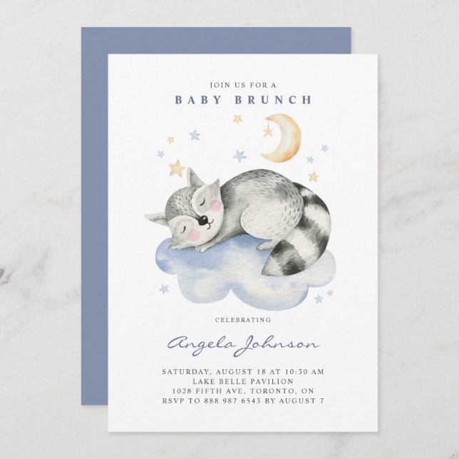 Cute Watercolor Sleeping Racoon Baby Brunch Invitation (Front/Back)