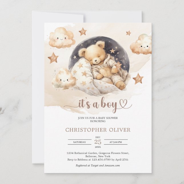 Cute watercolor sleeping teddy bear neutral earthy invitation (Front)