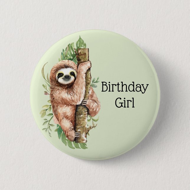 Cute Watercolor Sloth Birthday Girl 6 Cm Round Badge (Front)