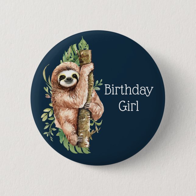 Cute Watercolor Sloth Birthday Girl 6 Cm Round Badge (Front)