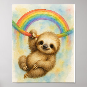 Cute Watercolor Sloth Hanging from Rainbow Poster