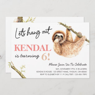 Cute Watercolor Sloth Let's Hang Out Birthday Invitation