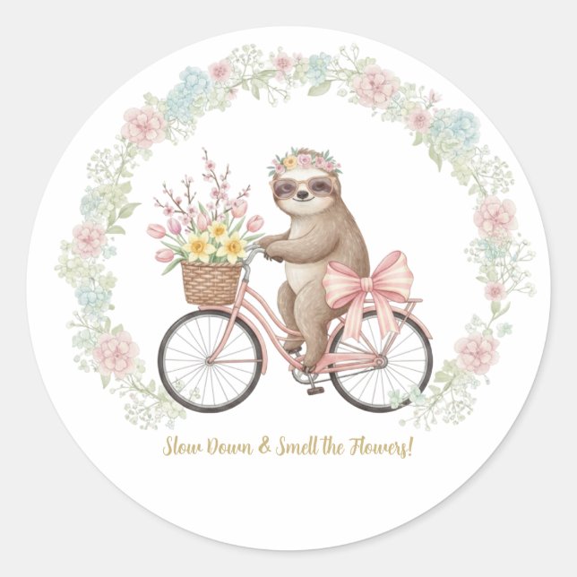 Cute Watercolor Sloth & Pink Bike Sticker (Front)