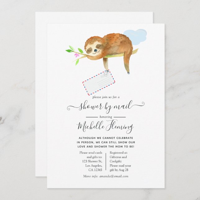 Cute Watercolor Sloth themed Baby Shower by Mail Invitation (Front/Back)