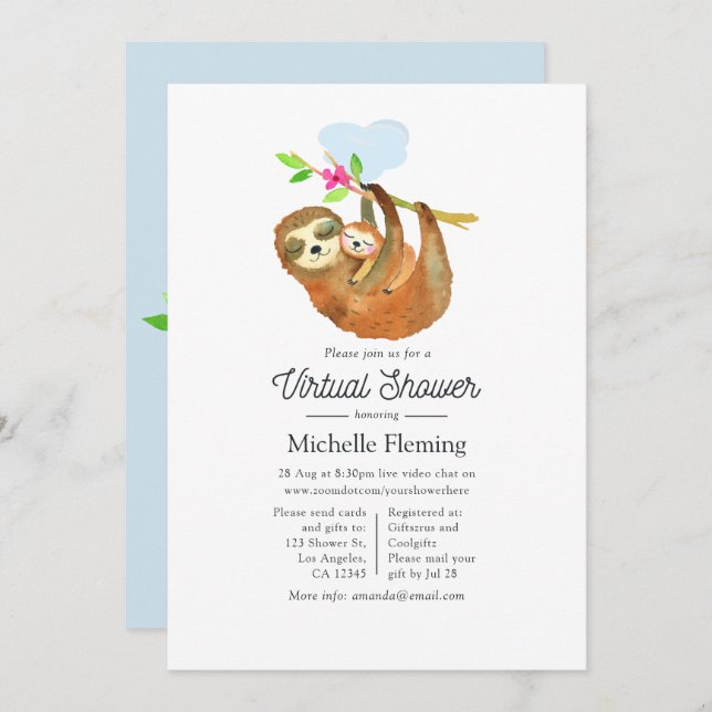 Cute Watercolor Sloth themed Virtual Baby Shower Invitation (Front/Back)