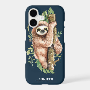 Cute Watercolor Sloth & Tropical Leaves