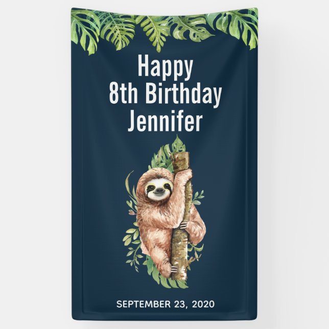 Cute Watercolor Sloth & Tropical Leaves Birthday Banner (Vertical)