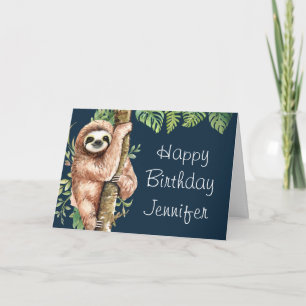Cute Watercolor Sloth & Tropical Leaves Birthday Card