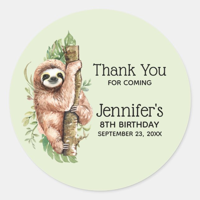 Cute Watercolor Sloth & Tropical Leaves Birthday Classic Round Sticker (Front)
