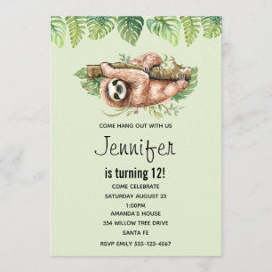 Cute Watercolor Sloth & Tropical Leaves Birthday Invitation