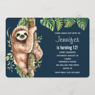 Cute Watercolor Sloth & Tropical Leaves Birthday Invitation