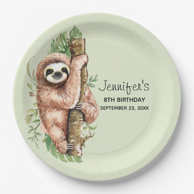 Cute Watercolor Sloth & Tropical Leaves Birthday Paper Plate (Front)