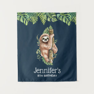 Cute Watercolor Sloth & Tropical Leaves Birthday Tapestry