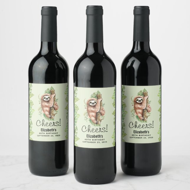 Cute Watercolor Sloth & Tropical Leaves Birthday Wine Label (Bottles)