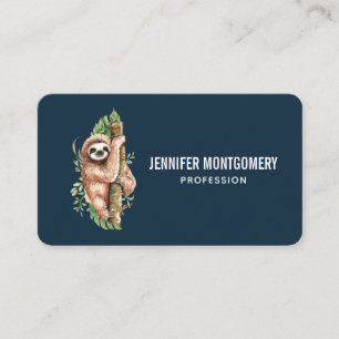 Cute Watercolor Sloth & Tropical Leaves Business Card