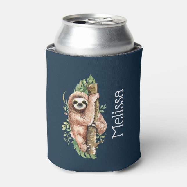 Cute Watercolor Sloth & Tropical Leaves Can Cooler (Can Front)