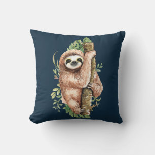Cute Watercolor Sloth & Tropical Leaves Cushion