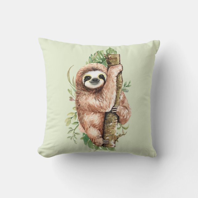 Cute Watercolor Sloth & Tropical Leaves Cushion (Front)