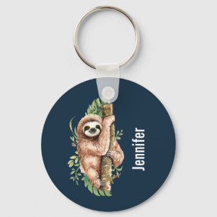 Cute Watercolor Sloth & Tropical Leaves Key Ring
