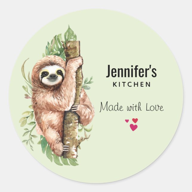 Cute Watercolor Sloth & Tropical Leaves Kitchen Classic Round Sticker (Front)