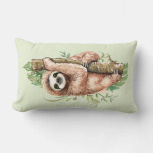 Cute Watercolor Sloth & Tropical Leaves Lumbar Cushion