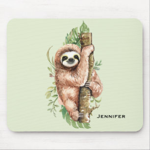 Cute Watercolor Sloth & Tropical Leaves Mouse Pad